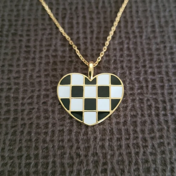 Rachel Zoe Black🖤 and White Checkered Enamel Heart♥️ Pendant Necklace - NWT - Picture 9 of 16